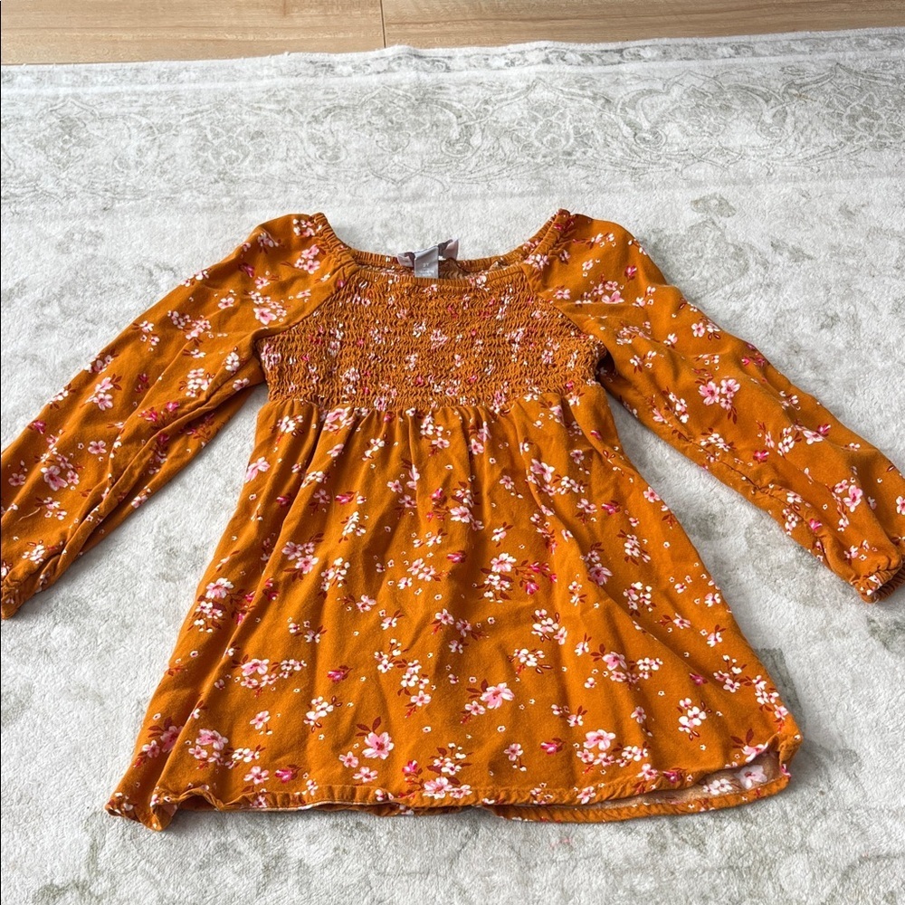 The Children's Place Orange Floral Smocked Long-Sleeve Dress